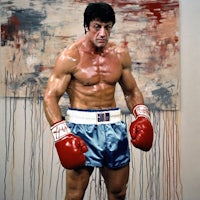 a man in boxing shorts posing in front of a painting